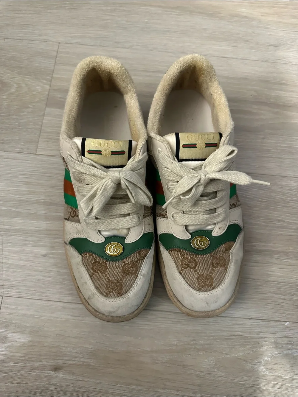 Gucci Beige Canvas Sneakers with Green and Red Web